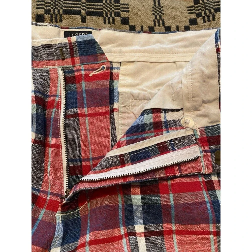 J. CREW Shorts Rivington  Plaid Linen/ Cotton Men's 36 Red/Blue/White Pockets